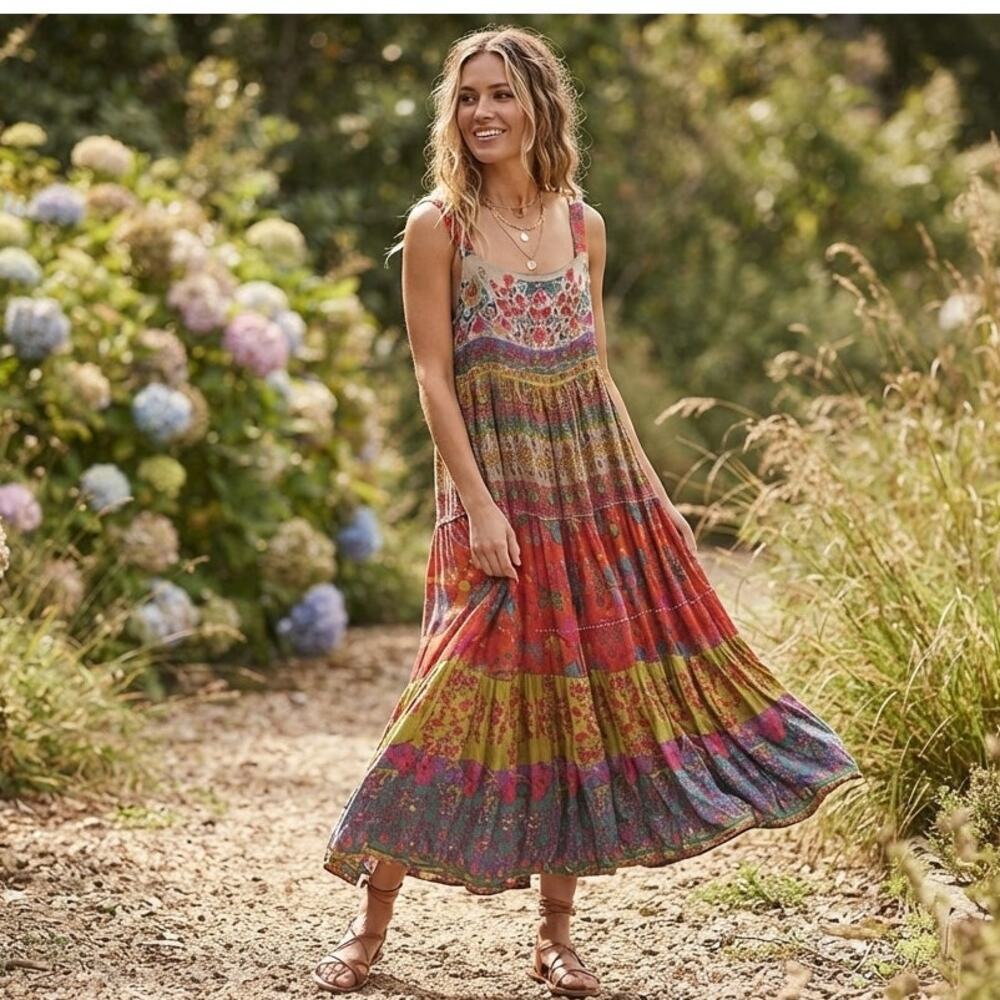 NATURAL LIFE Vibrant Multicolor Boho Tiered Maxi Dress